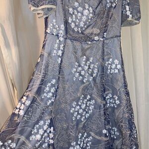 Blue Floral Embroidered Overlay Dress
